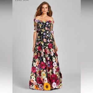 NWT | Teri Jon | 18 | Off-the-Shoulder Elbow Sleeve Flor Appliqué Gown